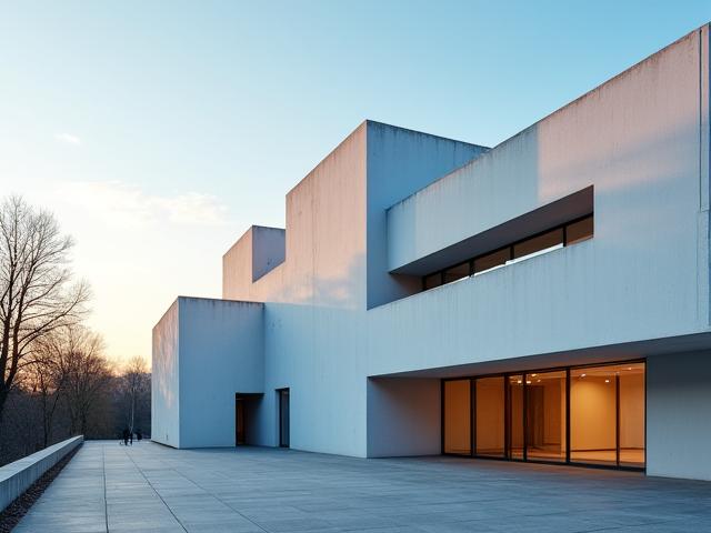 Bauhaus Museum in Weimar, klare Linien und zeitgenössische Architektur bei Sonnenaufgang.